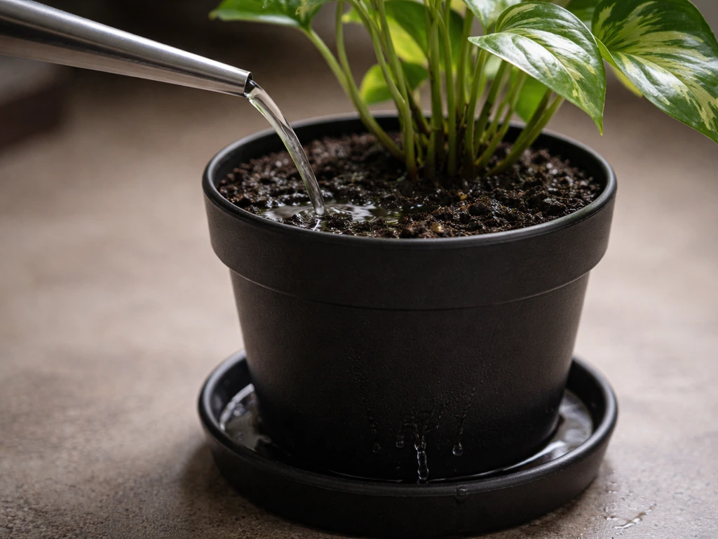 Watering can pouring dissolved fertilizer into a potted plant, with runoff draining into a tray below.