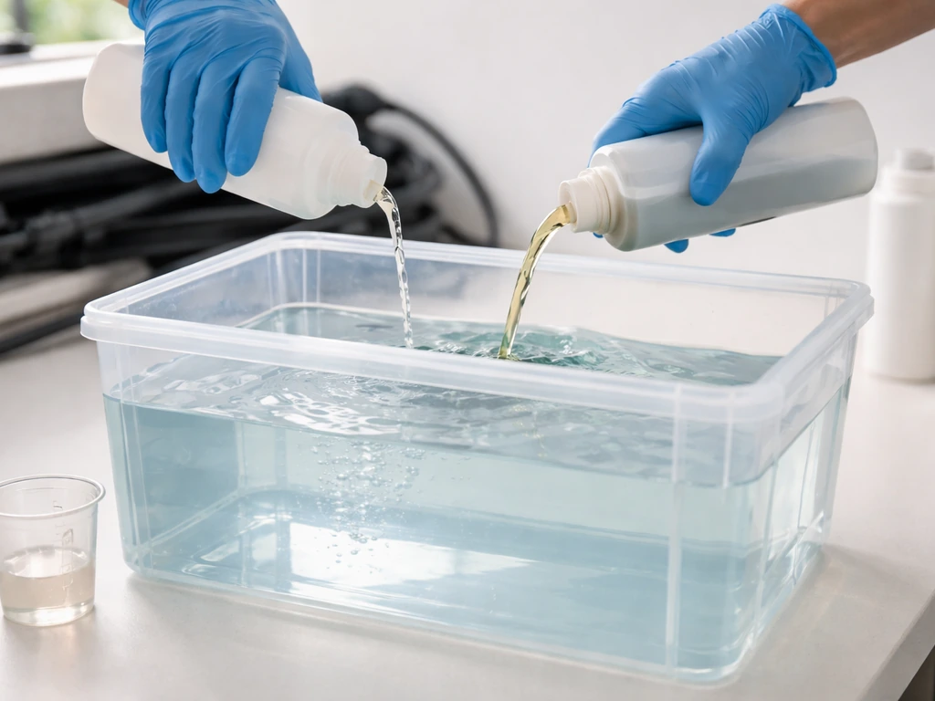 Hands pouring pH adjuster and nutrient concentrate into a hydroponics reservoir with clear water