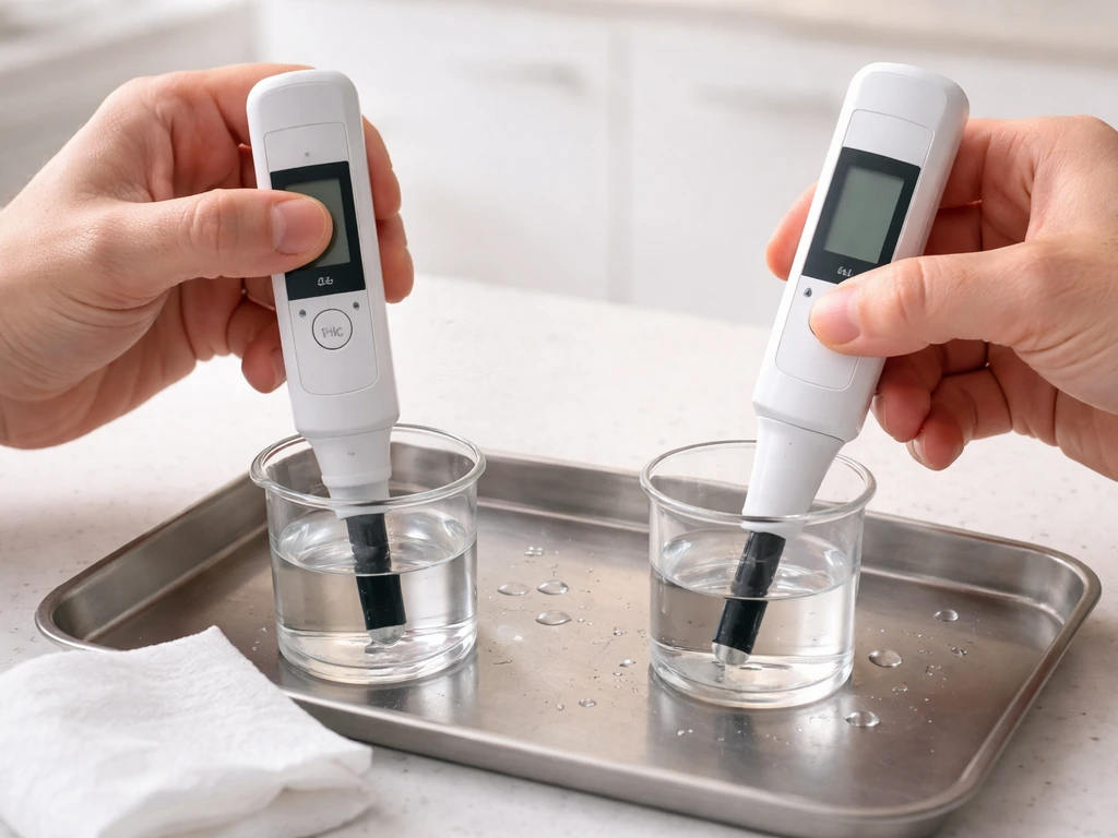 Hands calibrating pH and EC meters with probes in two clear beakers on a clean bench.