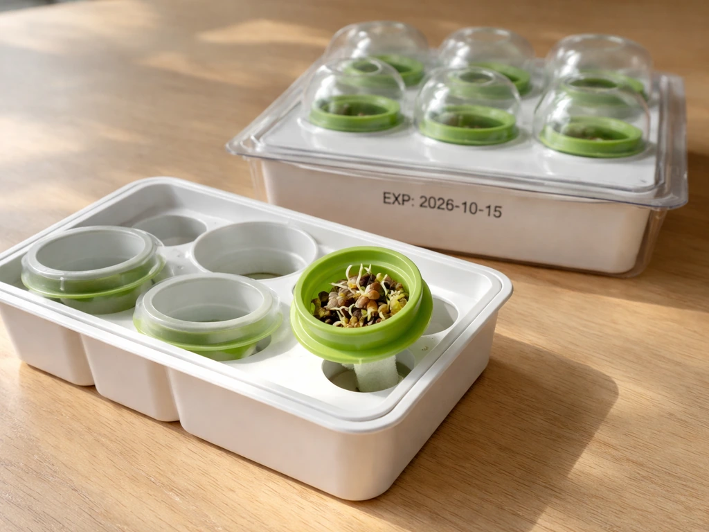 Close-up of an opened seed pod kit beside an unopened one, showing a visible expiration date area on packaging