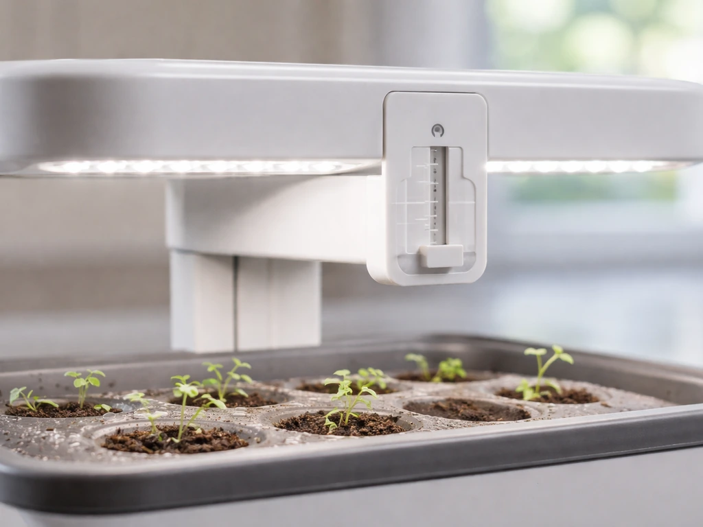 AeroGarden grow light lowered to the minimum height over seedlings, with the distance indicator emphasized.