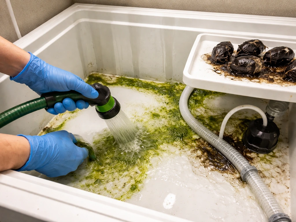 Gloved hands rinsing green algae slime from a drained hydroponic reservoir, with a tray of removed failed pod bits.