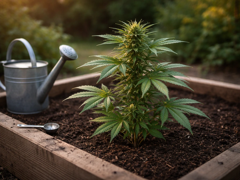 Healthy outdoor flowering plant with early buds beside a watering can and measuring spoon in natural light.