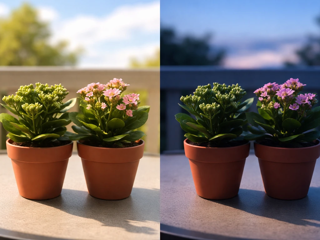 Two potted plants at different bloom stages split between bright summer light and blue evening twilight.