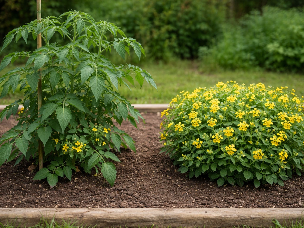 Two contrasting outdoor plants side by side: one steady flowering, one taller continuing growth.