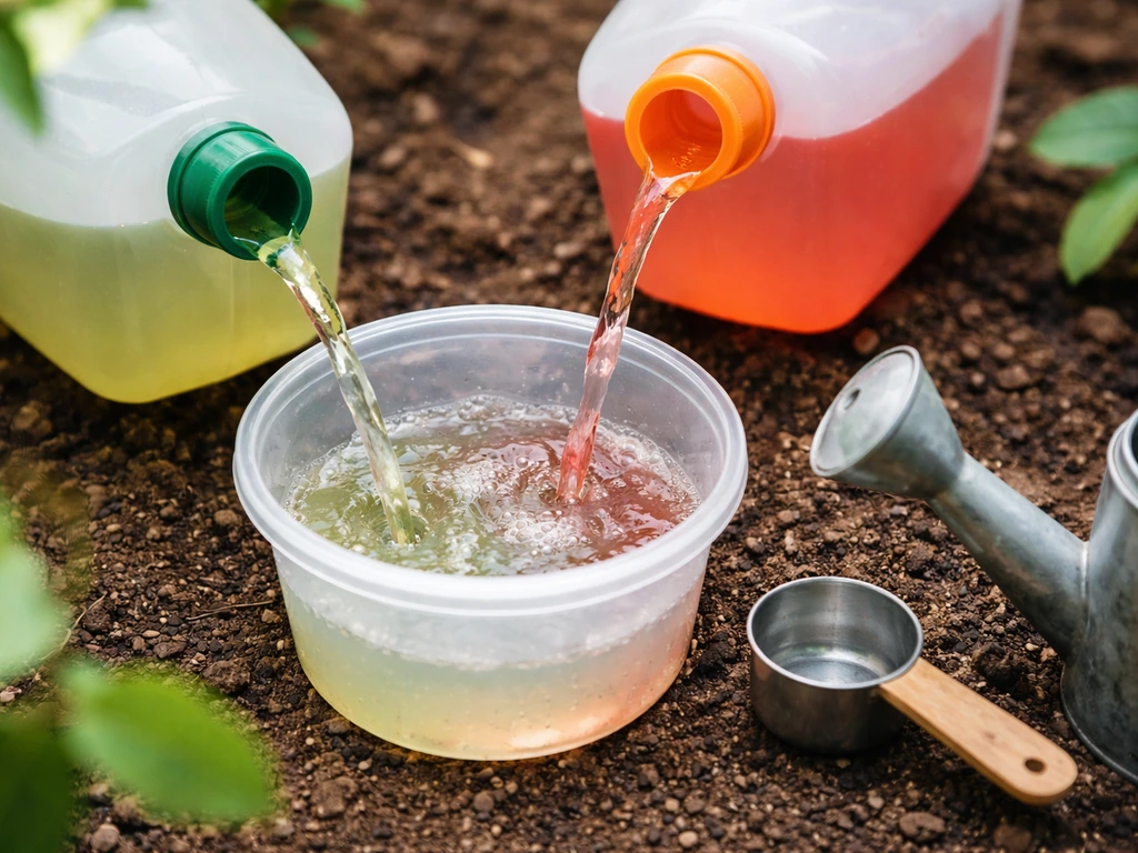 Outdoor garden watering setup mixing two nutrient jugs for a gradual grow-to-bloom transition.