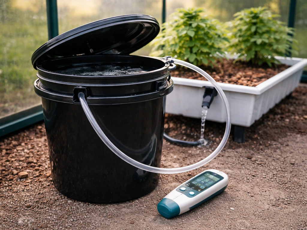 Outdoor hydro setup with nutrient reservoir, tubing dripping, and a meter showing EC/pH readings.