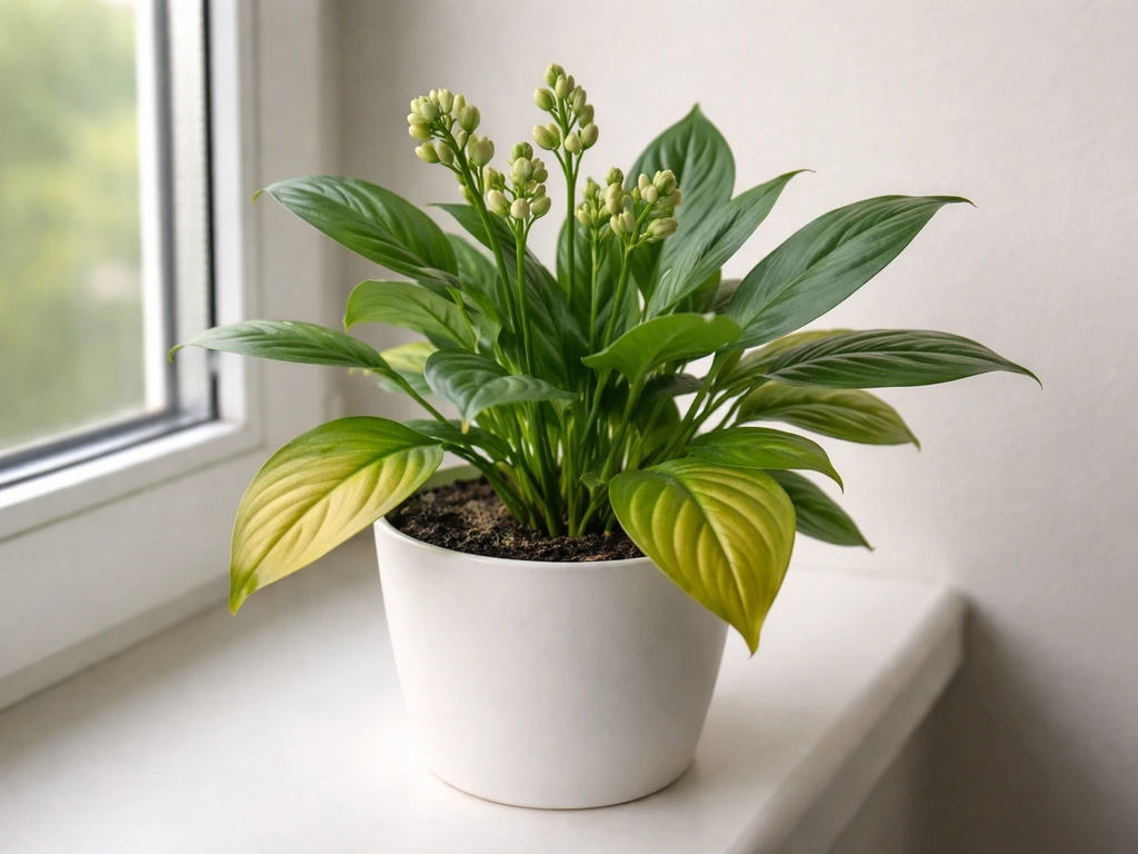 Potted flowering plant with mild lower leaf yellowing near early buds, in a simple sunlit room.