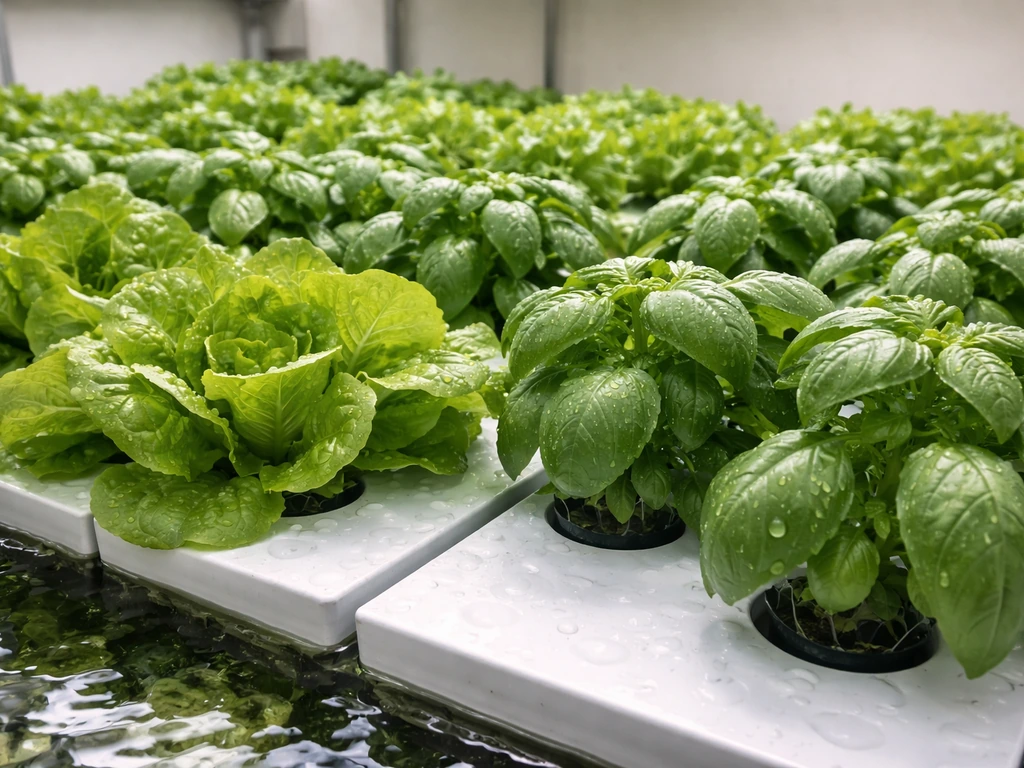 Vivid hydroponic lettuce and basil growing above visible raft and net pots in a clean system.