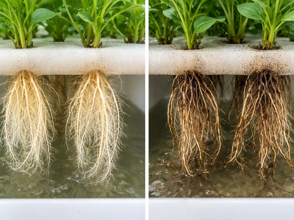Close-up of hydroponic roots on seedlings showing healthy white roots beside darker stressed roots.
