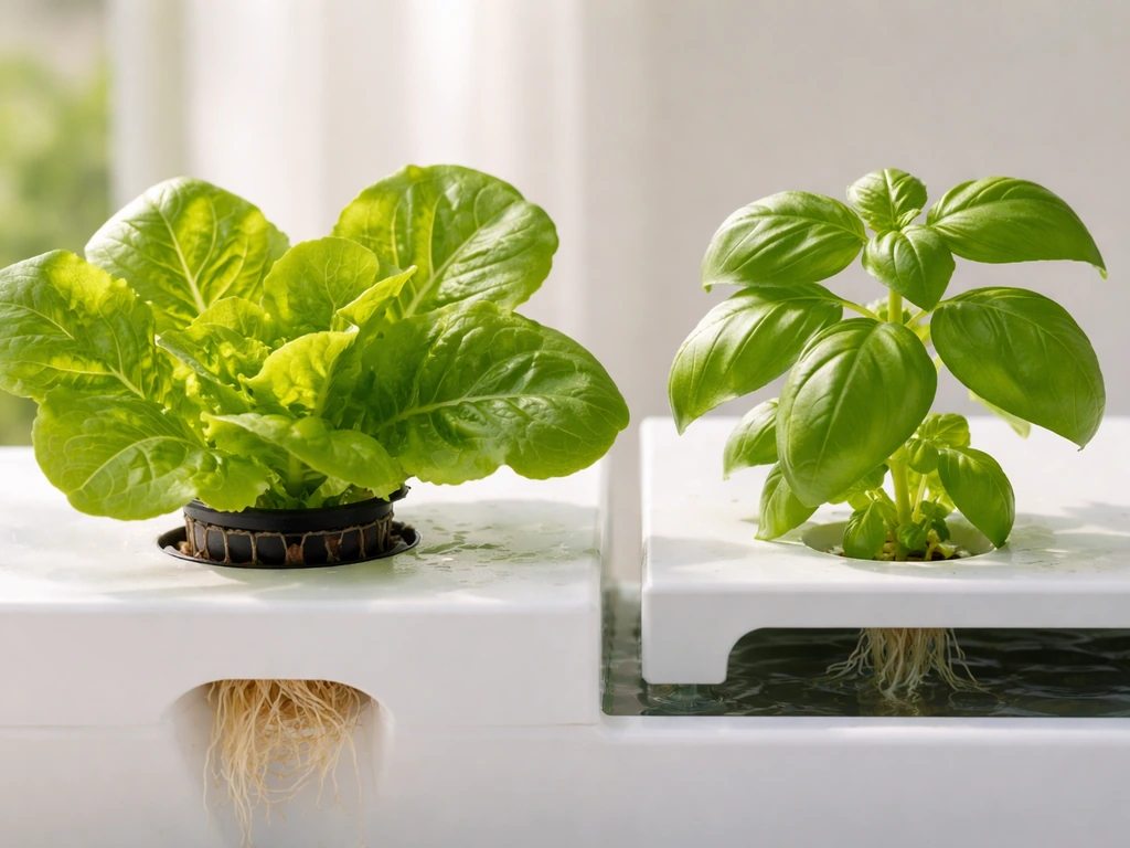 Beginner-friendly hydroponic crops in a simple setup, with buttercrunch lettuce and basil growing in nutrient channels.