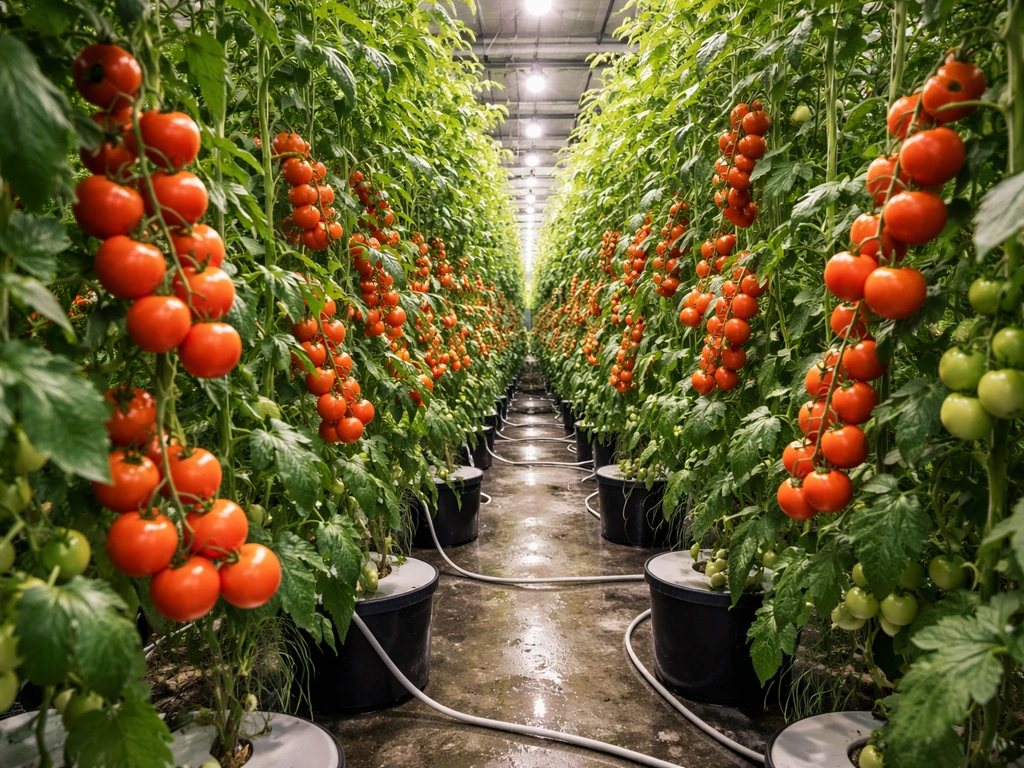 Crowded hydroponic bay with thriving fruiting tomato plants on trellis under bright grow lights