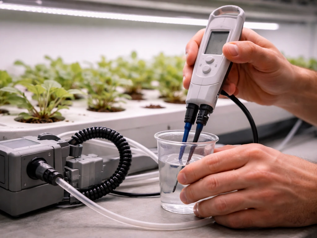 Technician calibrating pH/EC and temperature control near hydroponic setup with seedlings under grow lights