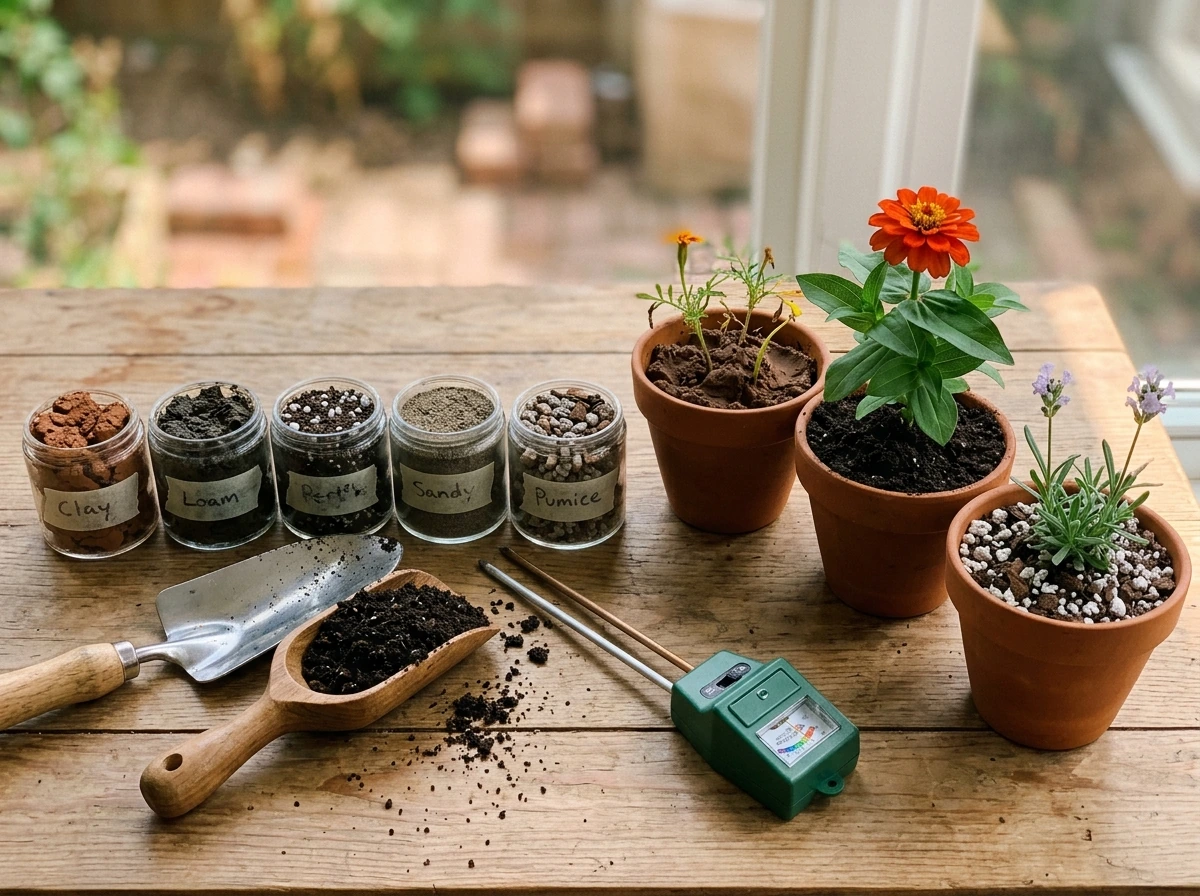 Tools and soil mix samples for building the best soil to grow flowers, showing pH and drainage targets