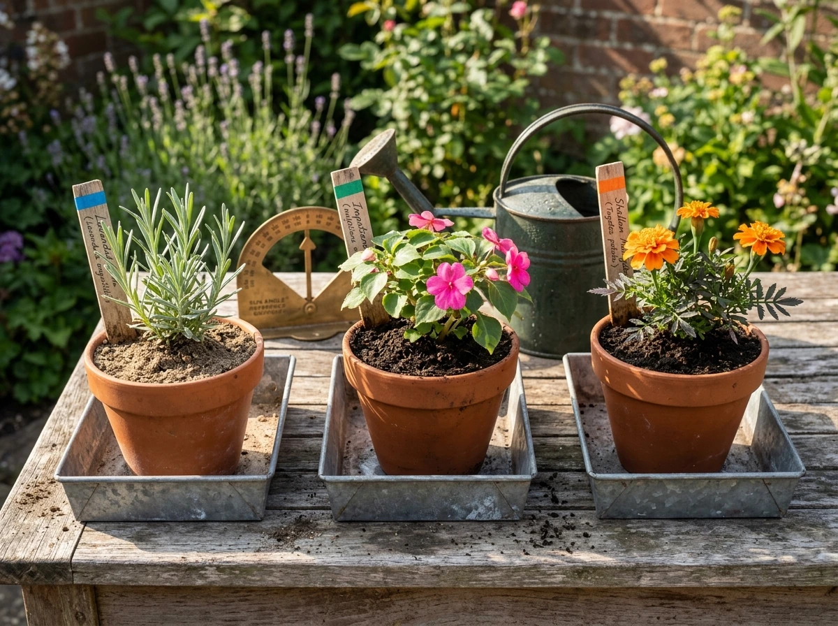 Different flower types with labels for matching light and watering needs