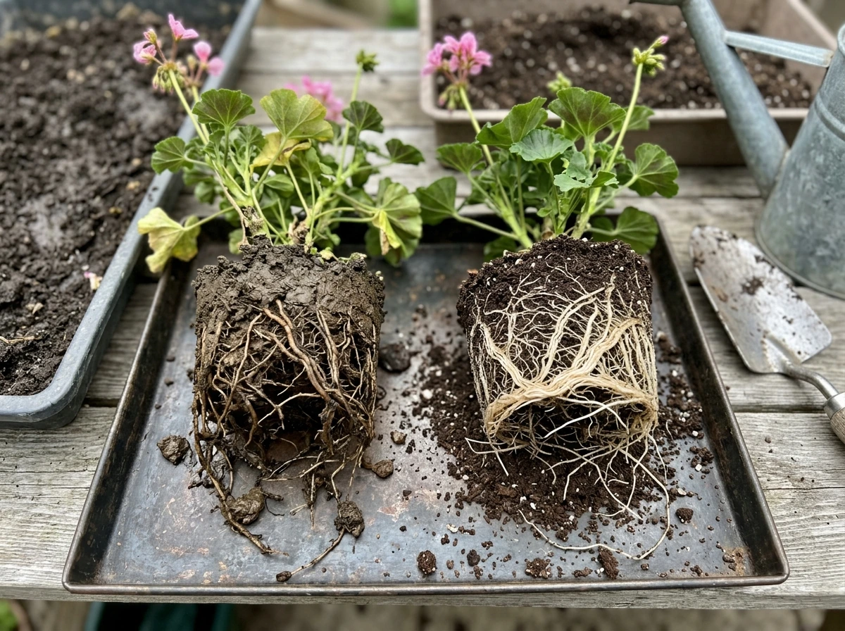 Healthy versus unhealthy roots caused by poor soil