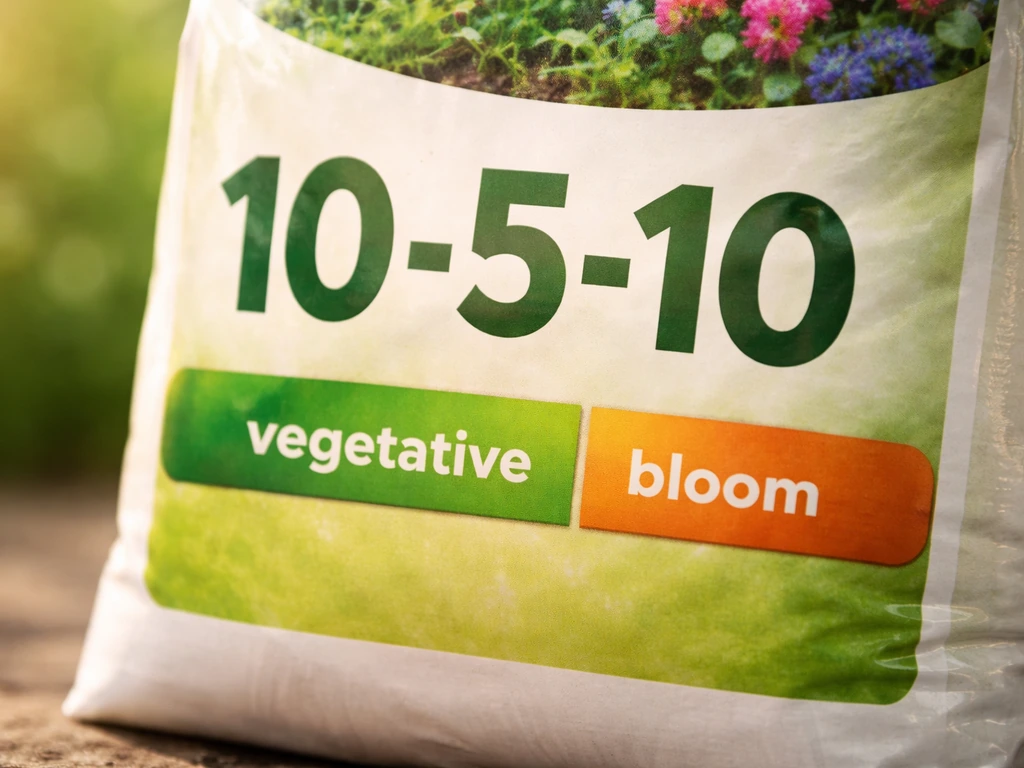 Close-up of outdoor fertilizer label showing N-P-K numbers and veg vs bloom timing cues.