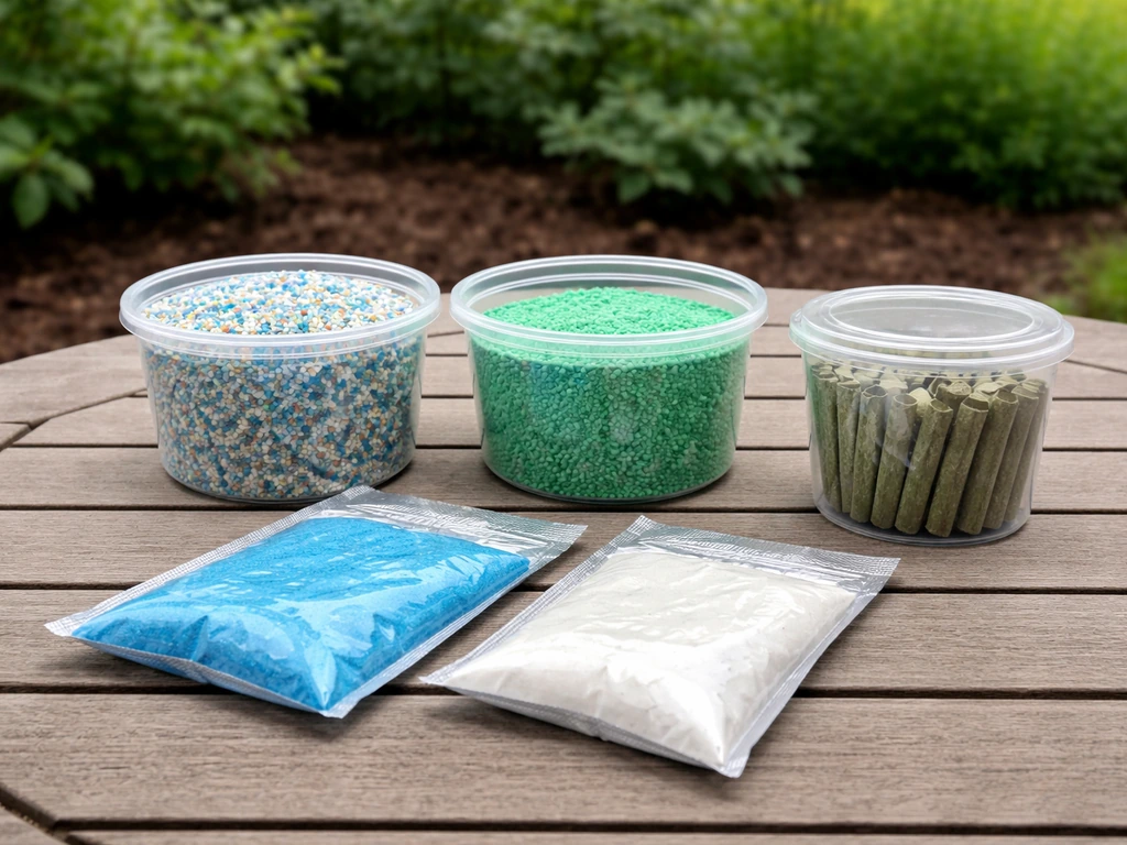 Outdoor patio table lineup of synthetic fertilizer granules, powder tubs, and spike-style fertilizer.