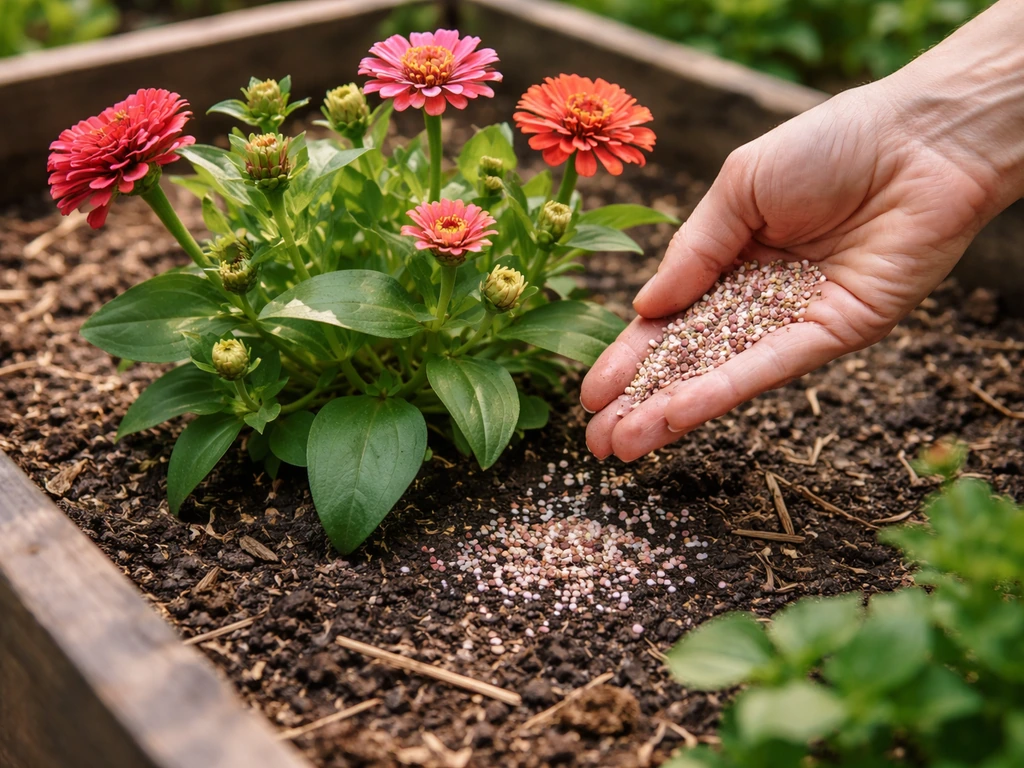 Gardener hand sprinkling bloom fertilizer granules onto soil at the base of a flowering plant outdoors.