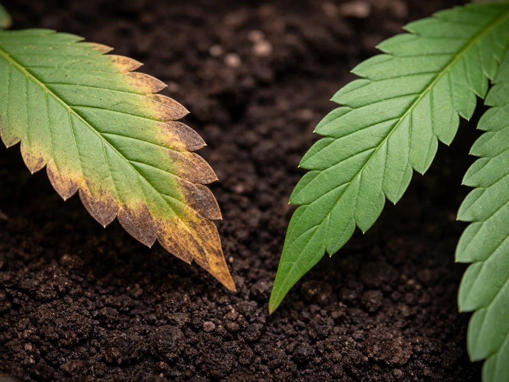 Close-up comparison of fertilizer nutrient burn with brown crispy leaf tips next to a healthy green leaf.