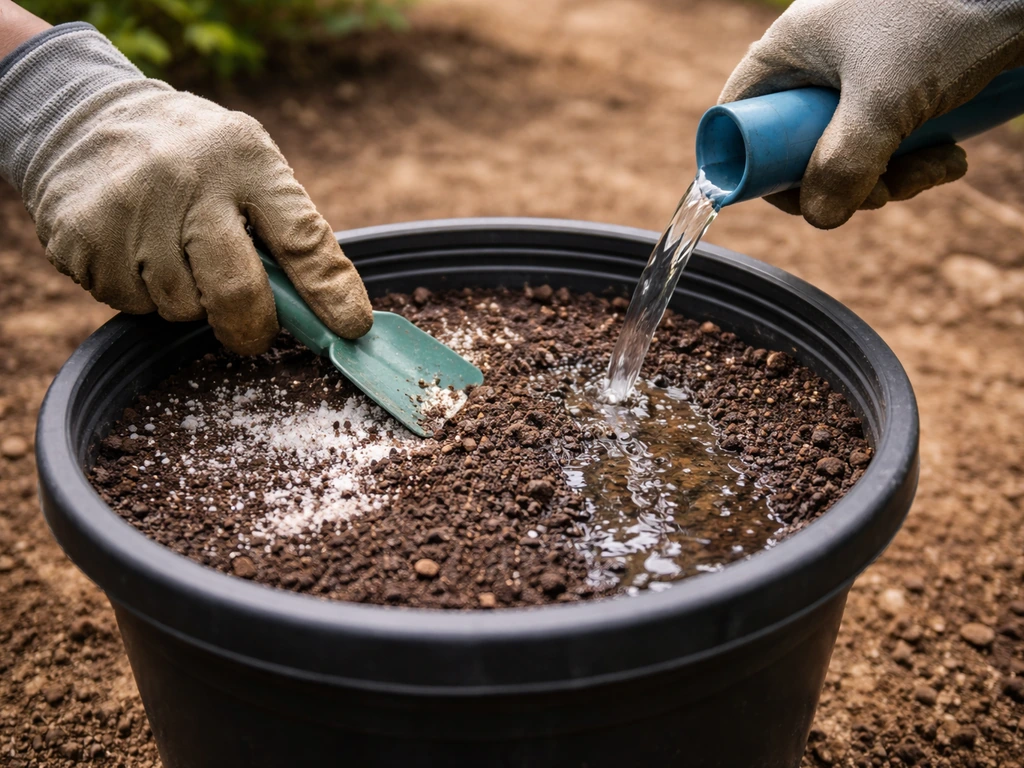 Outdoor container soil with visible white salt crust, hands rinsing soil surface