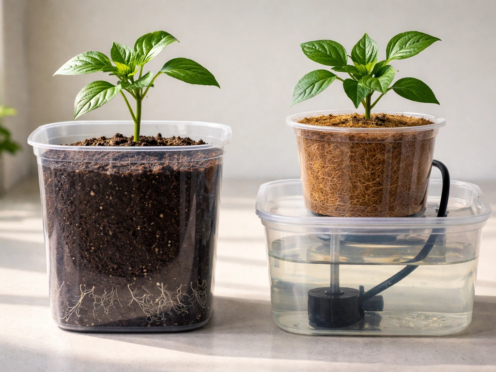 Split view of a soil planter and a hydroponic/coco setup, emphasizing different growing media.