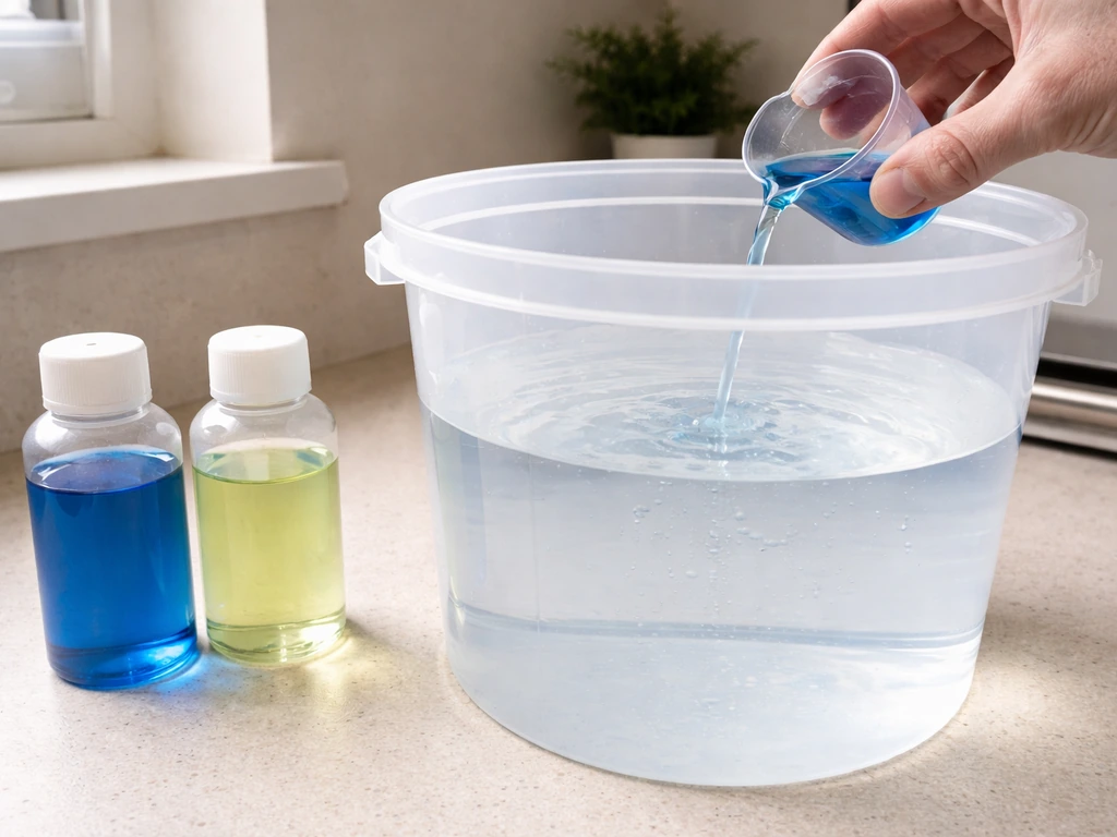 Two hydroponics bottles are measured and poured into a water bucket in sequence.