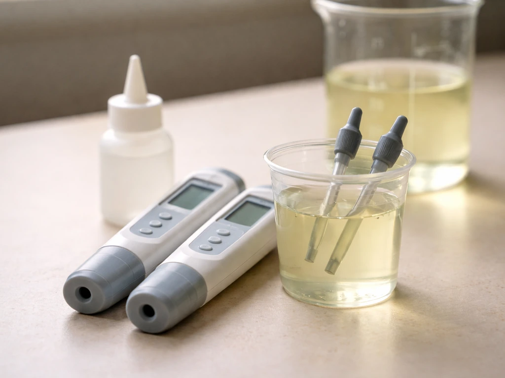 EC/PPM meters beside a clear test cup of nutrient solution on a simple tabletop.