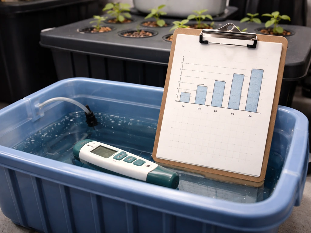 EC/pH meter beside a hydroponic reservoir with a staged feeding chart page on a clipboard