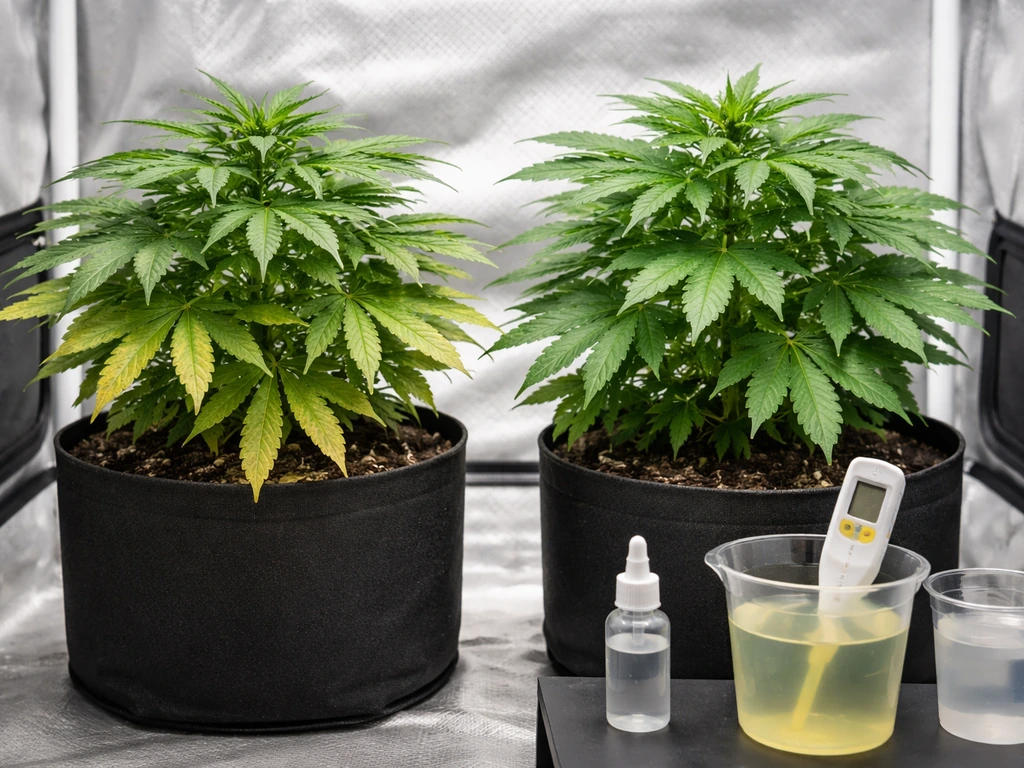 Side-by-side plants showing mild nutrient lockout versus improved leaf color, with pH/EC testing tools nearby.