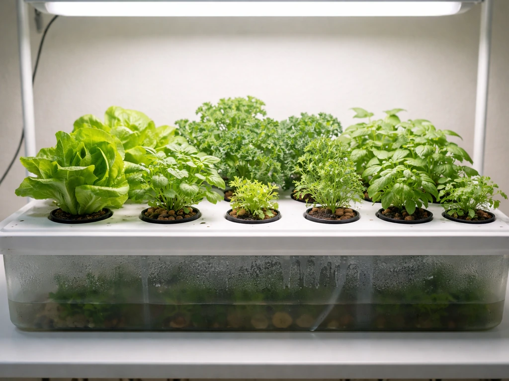 Indoor hydroponic net pots with leafy greens and herbs under grow lights on a clean bench.