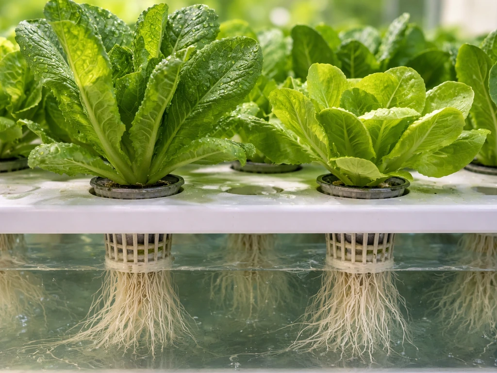 Close-up of hydroponic leafy greens in net pots with visible roots and clear nutrient solution