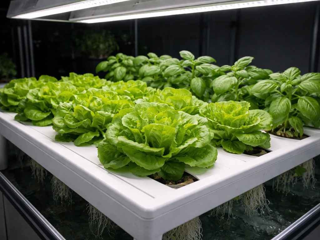 Harvest-ready hydroponic lettuce and basil in a clean indoor grow tray under LED lights.