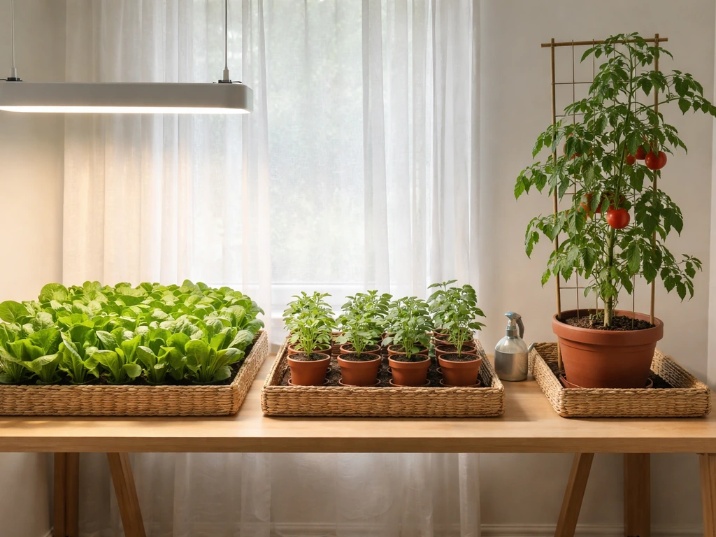 Simple indoor grow setup showing three plant types matched to light and space: leafy greens, compact herbs, and tall fru