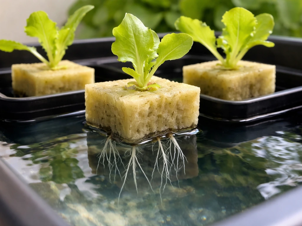 Young lettuce seedlings in a starter medium with small roots forming in a hydroponic reservoir