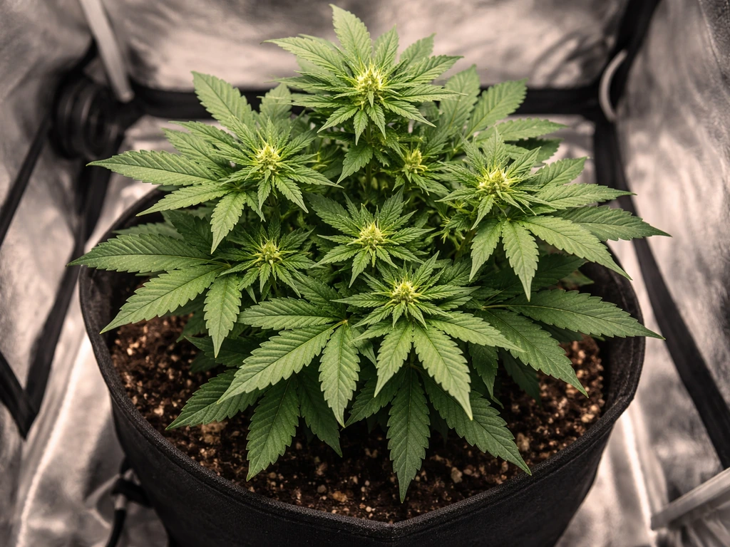 Overhead view of one autoflower in a grow tent with strong canopy spread and early buds.