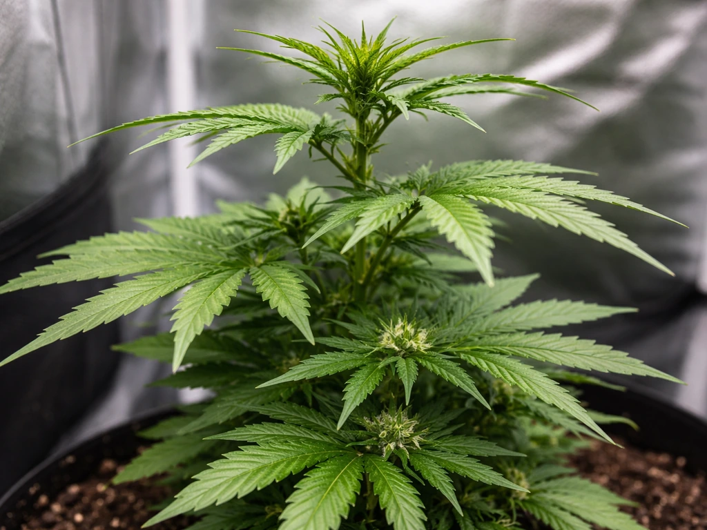 Autoflower plant close-up showing rapid vertical stretch, fuller leaves, and early buds in a simple grow tent.