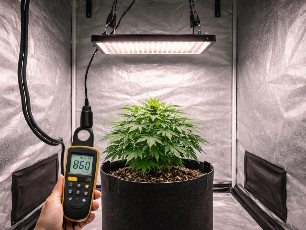 Grow tent with an autoflower under LED lights, PPFD meter readings, and light distance adjusted during mid-veg.
