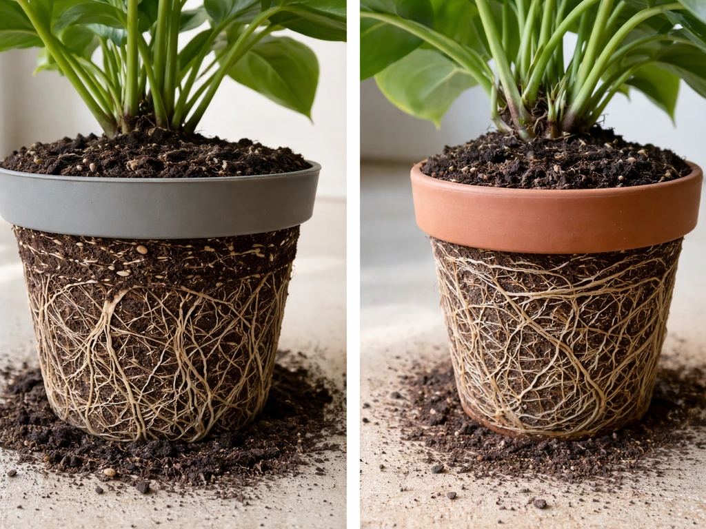 Two adjacent potted plants show ample roots vs cramped, root-bound roots affecting vigor.