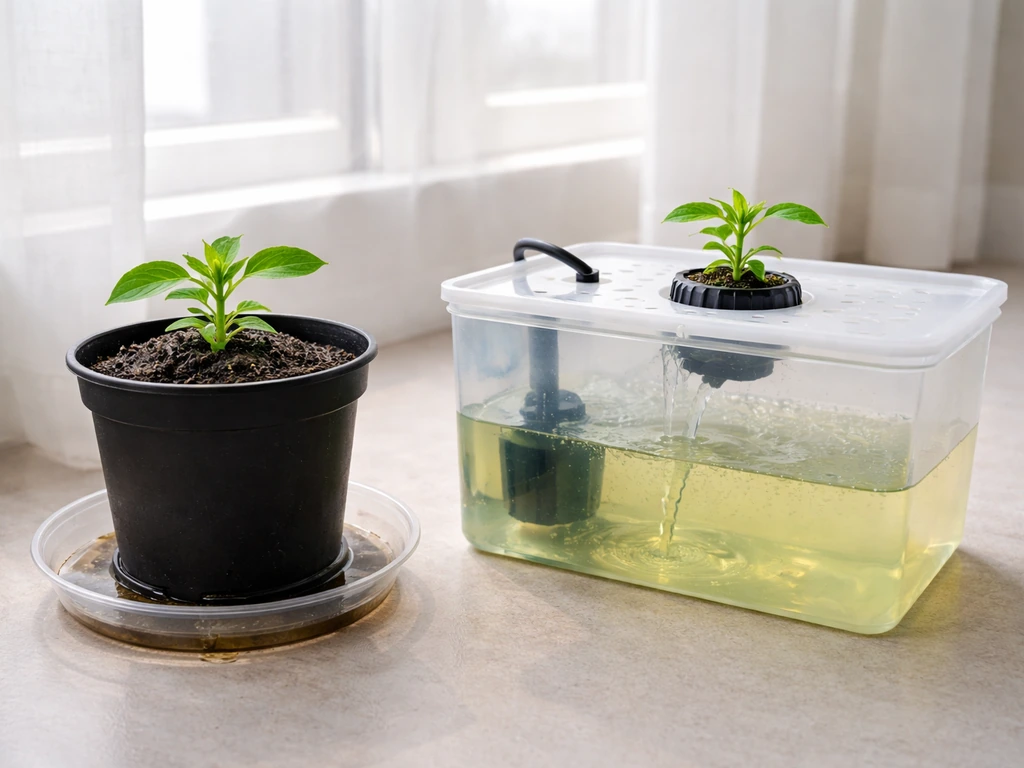 Small plant in a watered pot next to a hydroponic reservoir with active nutrient flow.