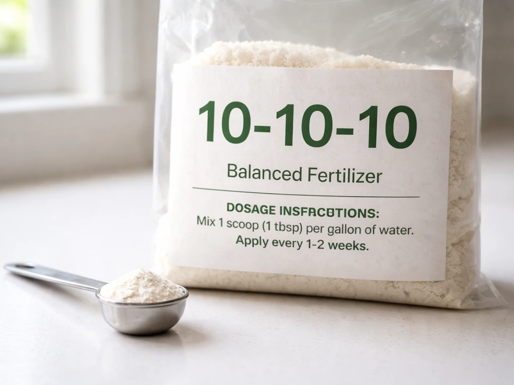 Close-up of a fertilizer bag label with NPK numbers and dosage instructions, with a measuring spoon beside it.