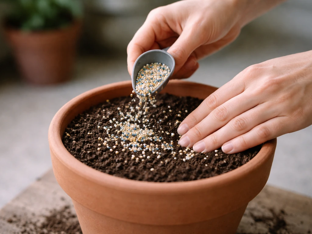 Hands sprinkling granular fertilizer onto potting mix in a small pot, lightly worked into the top layer