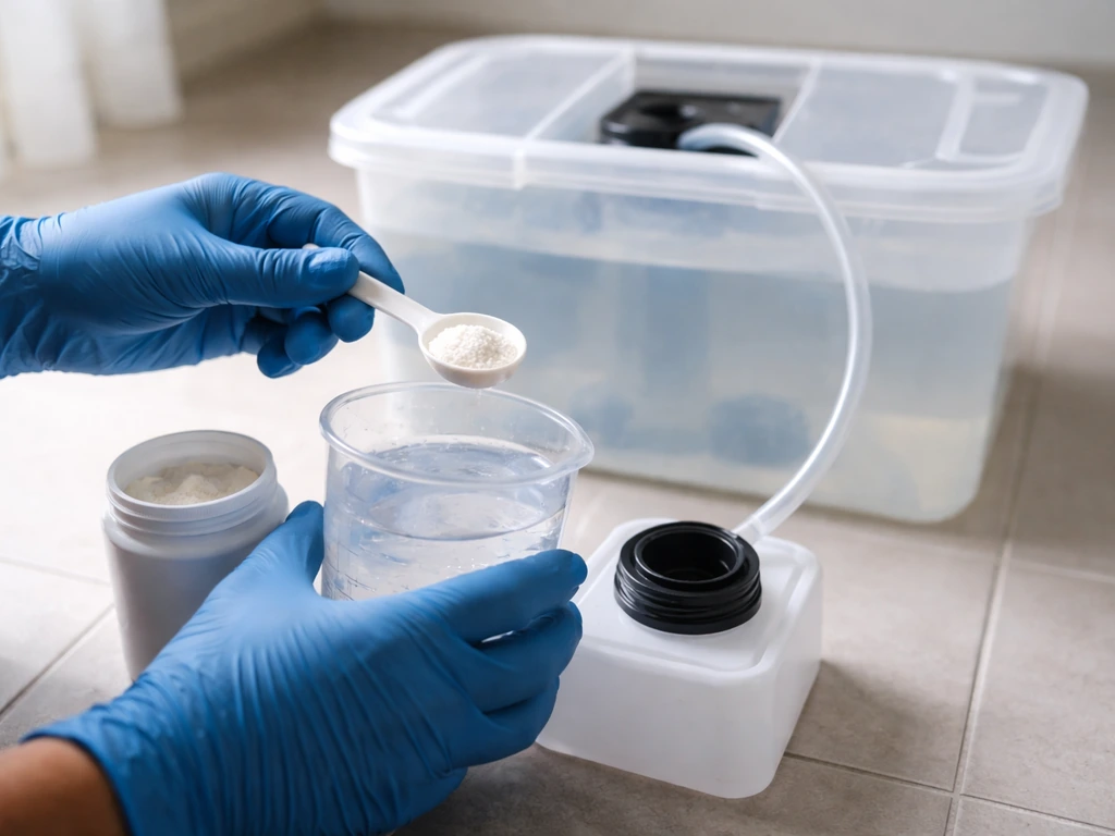 Hands measuring soluble fertilizer in a small cup and pouring into a hydroponic reservoir tank