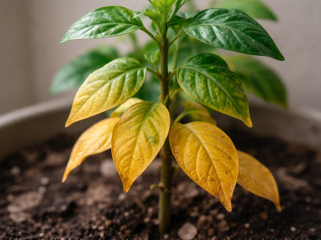 Close-up of a plant showing older lower leaves yellowing while upper leaves stay greener.