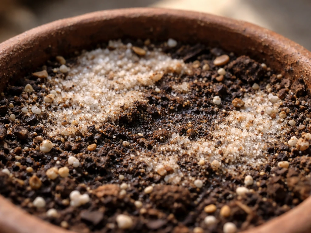 Close-up of white tan salt crust crystallized fertilizer on potting mix surface