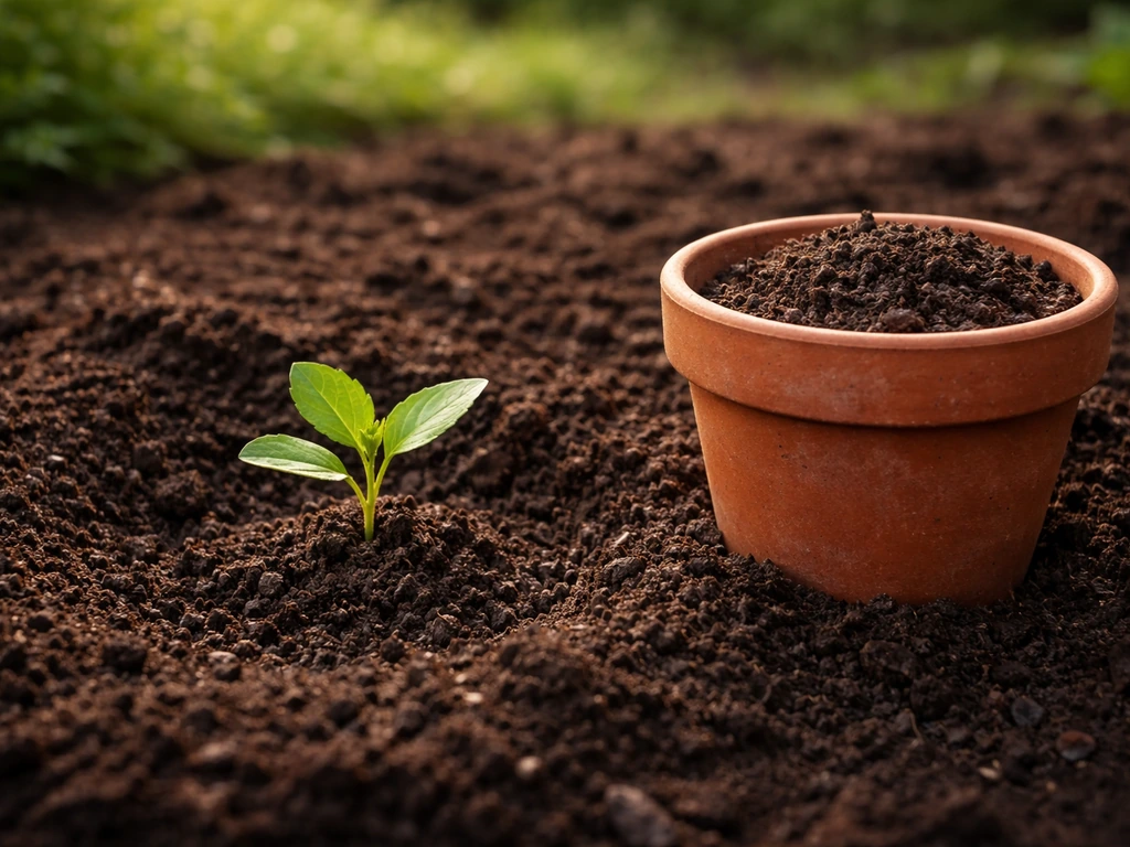 Fresh garden bed soil beside a ready-to-plant container with a small seedling, showing soil as the growing medium.