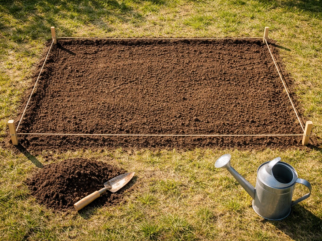 Overhead view of preparing an outdoor in-ground vegetable bed with sunlight casting strong shadows.