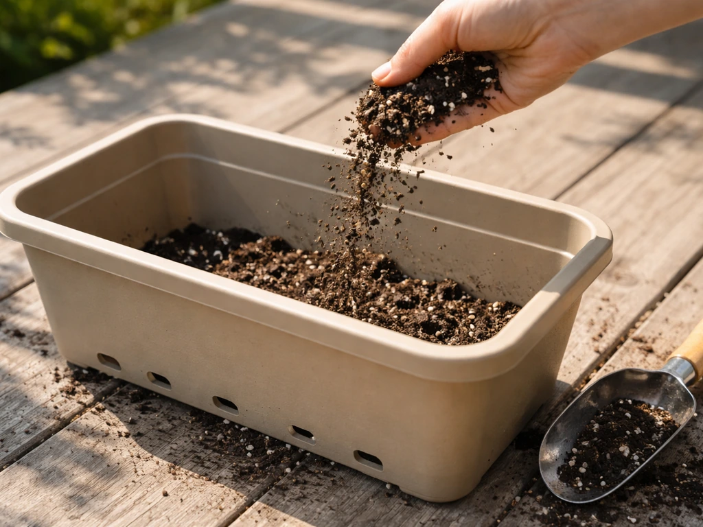 Close-up of a patio container with drainage holes as potting mix is prepared for planting.
