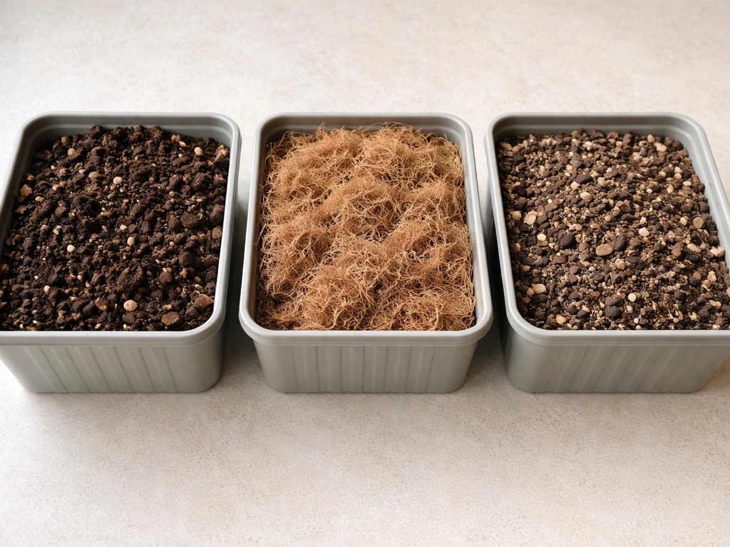 Side-by-side photo of different growing media in small containers: potting mix, coco coir, and peat-free mix.