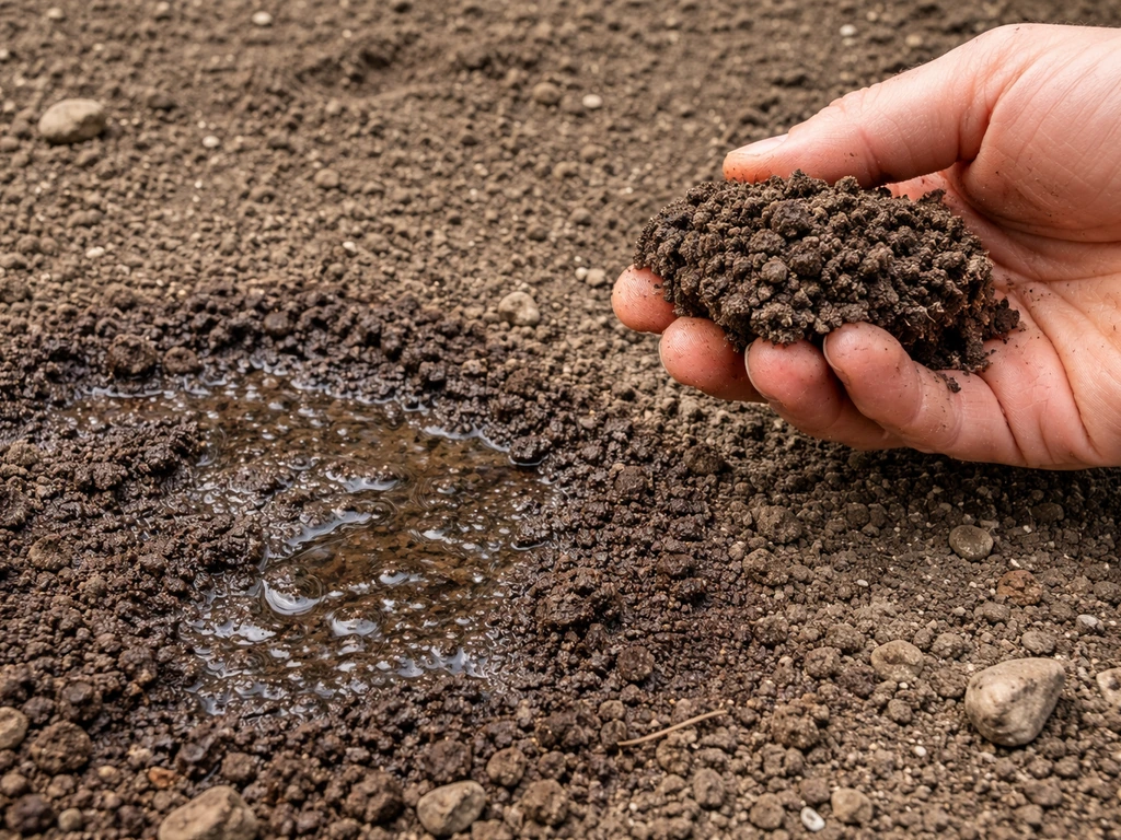 Hand holding a small clump of soil beside a wet infiltration patch in a garden bed